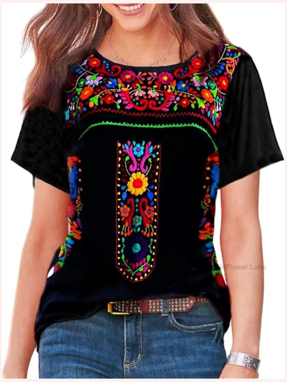 Short Sleeve Floral Embroidered Boho Loose Tunic T-Shirt